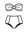 © Mirikiteki - Bandeau bikini swimsuit illustration, minimalist black outline two piece swimwear with high waist bottom, isolated summer beachwear icon for fashion, vacation, resort and pool design