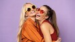 © david - Stylish Best Friends Embracing and Having Fun in Trendy Sunglasses Against Purple Background