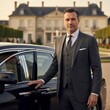 © Alex Pios - Elegant Businessman in Suit Standing Beside Luxury Car Near Mansion