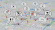 © Najzril - Location-based marketing concept with map, pins, and speech bubbles showing targeted ads, local deals, and proximity marketing strategies.