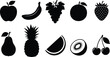 © Hoga - Collection of Various Fruits Icons in Silhouette Style, Including Apple, Banana, Grapes, Orange, Strawberry, Pear, Pineapple, Watermelon Slice, Kiwi, and Cherries