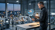 © Elvira - Male engineer controlling digital twin hologram with tablet in smart factory