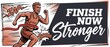 © Fernando - Running athlete crossing finish line in retro comic book style banner with motivational text finish now stronger representing victory, success, determination, speed, power, and athletic achievement.