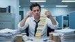 © keks20034 - Young man suffering from burnout and stress at a cluttered office desk with many sticky notes