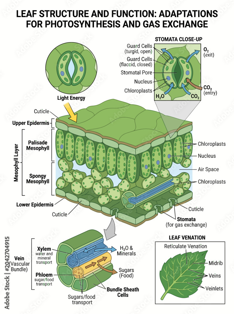 Leaf anatomy diagram showing cellular structure of plant photosynthesis ...