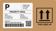 © nuansa sukses store - Detailed illustration of a priority mail shipping label with tracking barcode and QR code on a brown cardboard box, indicating 'This Side Up' for safe package handling