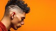 © Boonnam Burart - Young man with stylish haircut posing against bright orange background showcasing modern hair trends and unique styling options
