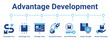 © oka - Advantage Development web banner icon vector illustration concept for business with icon of Advantage Flow, Advantage Core, Strategic Value, Competitive Boost, Key Differentiator, Unique Strength.