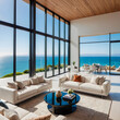 © shiv - Luxury modern living room interior with large windows and ocean view