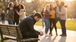 © Hashir - Lonely man sitting on bench with people in background outdoors in park on sunny