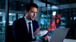 © Indra symbian - Serious Businessman Experiencing Data Disruption and System Failure Over Holographic Interface