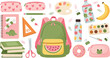 © sumi - Cute back to school illustration with backpack stationery books watercolor palette and snacks playful flat vector design for kids education and learning projects