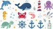 © Yevhenii creative - Cute Ocean Animals and Nautical Elements Collection Featuring Dolphin Whale Octopus Turtle Seahorse Crab Lighthouse and Anchor Characters