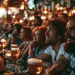 © moo - Football fan group watching sports match in pub. Happy man and woman cheering for team in sports bar. Beer mug on table. Social leisure, friendship and championship celebration concept.