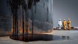 © sornram - This image portrays industrial workers inspecting a large oil spill, highlighting the environmental impact of pollution and the importance of accountability.