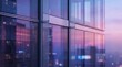 © Pixim Stock - Modern glass building exterior with purple and pink sunset sky reflections, urban architectural detail, contemporary office facade, city skyline blurred background.