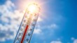© Pixim Stock - Close up thermometer indicating high temperature under bright summer sun against blue sky showing concept of global warming heat wave climate crisis environmental danger.