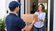 © BAGAS - Smiling Woman Receiving Package from Delivery Man at Home Doorstep
