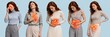 © Flash memory - Woman experiencing various body pain and internal organ illness. Red glowing anatomy highlights on sinus, heart, stomach, intestine and reproductive system. Medical health problem diagnosis.