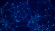 © Alina - Abstract blue digital network background with glowing nodes and connecting lines, polygonal mesh and bokeh on dark gradient. Technology, internet communication, data transfer concept.