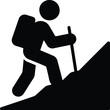 © MRSTOCK LAB - Simple solid black icon of hiker with backpack trekking uphill with pole representing mountain climbing adventure sports.