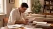 © Aurora Aesthetics - young man reviewing documents dining table home paperwork soft closeup moment focused emotional expression adult studies papers and folders in cozy apartment suggesting remote work admin tax planning