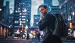 © meka - Man in Suit with Backpack Walking Through City at Night.