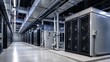 © Cantarela - Modern data center cooling infrastructure with powerful industrial HVAC systems. Large computer room with ventilation pipes and server cooling units for heat regulation and hardware safety.