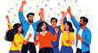© Fandi Comp - Joyful group celebrating victory with confetti illustration on white background