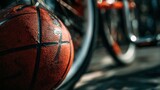 Close-up of a basketball near bicycle wheels on urban ground, outdoors