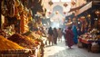 © herjunart - Bustling Moroccan Spice Market with Colorful Goods and Shoppers.