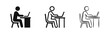 © drawing lines - Working on laptop icon set. Person sitting at desk with computer in solid, outline, and sketch styles.