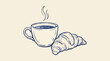 © Thai - Hand drawn ink sketch of a steaming espresso mug paired with a flaky French croissant pastry, vintage artistic vector illustration for cafe menu design and morning breakfast concept.