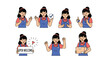 © Silent Kerning - Collection of female store employee characters in blue aprons performing various tasks from holding signs to delivering packages.