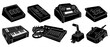 © Fernando - Control panel switch slider icons set for audio synth and gaming controller interfaces, featuring minimal black and white graphic vector style illustrations of joysticks, faders, dials and knobs.