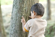 © RifaldiMuhammadSalim - A young child exploring and touching the textured bark of a tree trunk in a natural outdoor setting