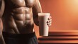 © Viktoriia - Athletic man holding protein shake in gym setting with defined muscles and warm lighting