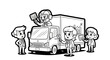 © Candra Bakar - Cartoon team celebrating delivery truck logistics success.
