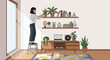 © asoka - Woman caring for houseplants on a shelf in a cozy, sunlit living room