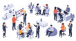 © RGN - Isometric vector illustration of business people working and collaborating in a modern office space.