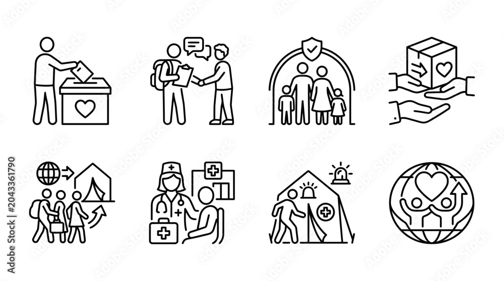 Humanitarian aid and charity icons set, vector illustration Stock ...