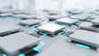 © Bonsales - Futuristic microchips on a light surface, linked by glowing cyan lines. Representing data flow, smart technology, and connectivity
