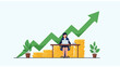 © Ardande - Business Growth Success featuring a businesswoman working on a laptop with a rising green arrow and gold coin stacks, ideal for financial reports and investment blogs.