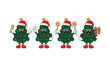 © BULBUL ISLAM - Four cheerful cartoon Christmas trees with faces holding different holiday items