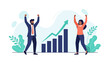 © Rehania - Business Success Celebration with diverse professionals cheering next to a rising bar graph and growth arrow, ideal for financial reports and corporate presentations.
