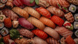 © Gumiho - Assorted Sushi Platter Background with Salmon, Tuna, Nigiri and Maki Rolls