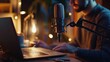 © KimMi - A technology commentator recording a podcast in a stylish studio with a microphone laptop and ambient lighting