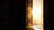 © li - ajar. Ornate, gilded door slightly ajar with bright light and deep shadow. real-estate listings, architecture portfolios, designed for real-estate listing and luxury residence showcases.