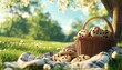 © Tahira - A picnic scene with a basket filled with chocolate chip cookies and a blanket spread out on the grass.