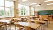 © rahwik - Beautiful blurred background of bright classroom and study room with panoramic windows and beautiful lighting. Blurred school classroom without students with empty chairs and tables.